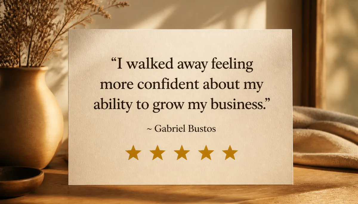 Five-star client testimonial post from Gabriel Bustos for AlphaBlossom