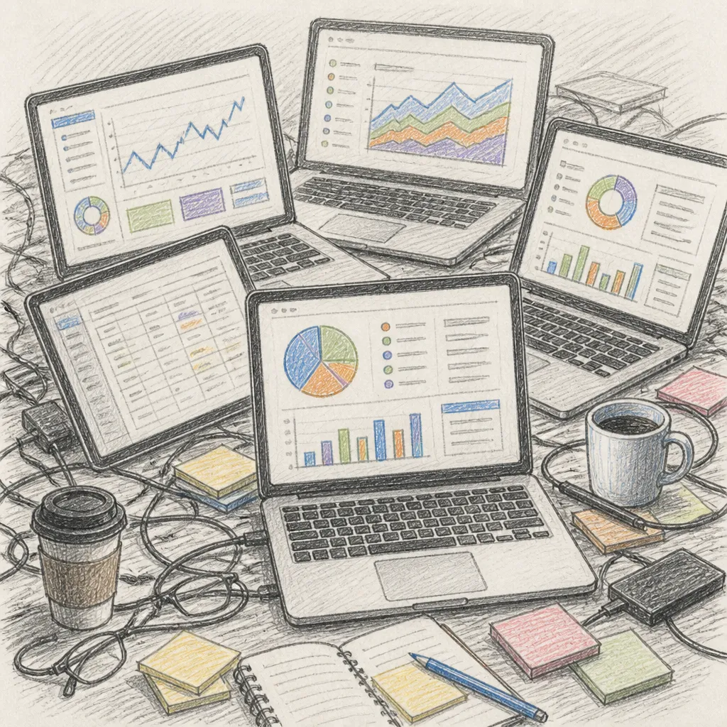 Colored-pencil LinkedIn post about service-business tool overwhelm
